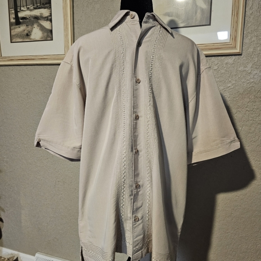 Centro Mens Tan Embroidered Short Sleeve Button‎ Down Shirt Small